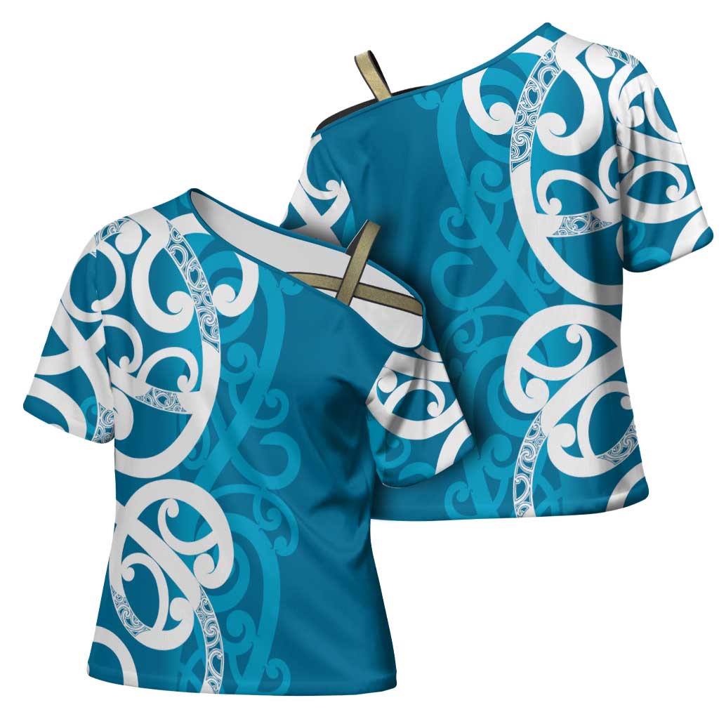 Azure Blue Maori Cross Shoulder Shirt Koru Kowhaiwhai LT7 - Polynesian Pride
