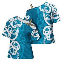 Azure Blue Maori Cross Shoulder Shirt Koru Kowhaiwhai LT7 - Polynesian Pride