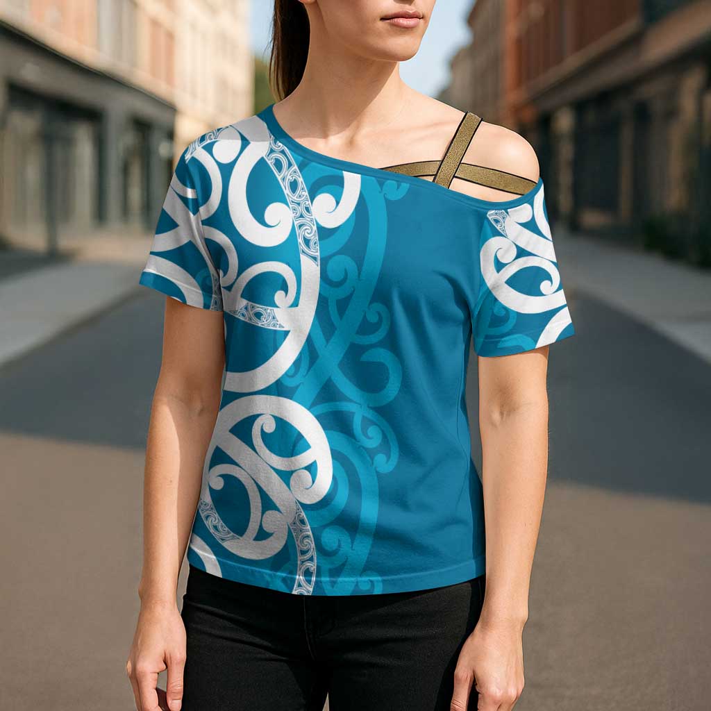 Azure Blue Maori Cross Shoulder Shirt Koru Kowhaiwhai LT7 - Polynesian Pride