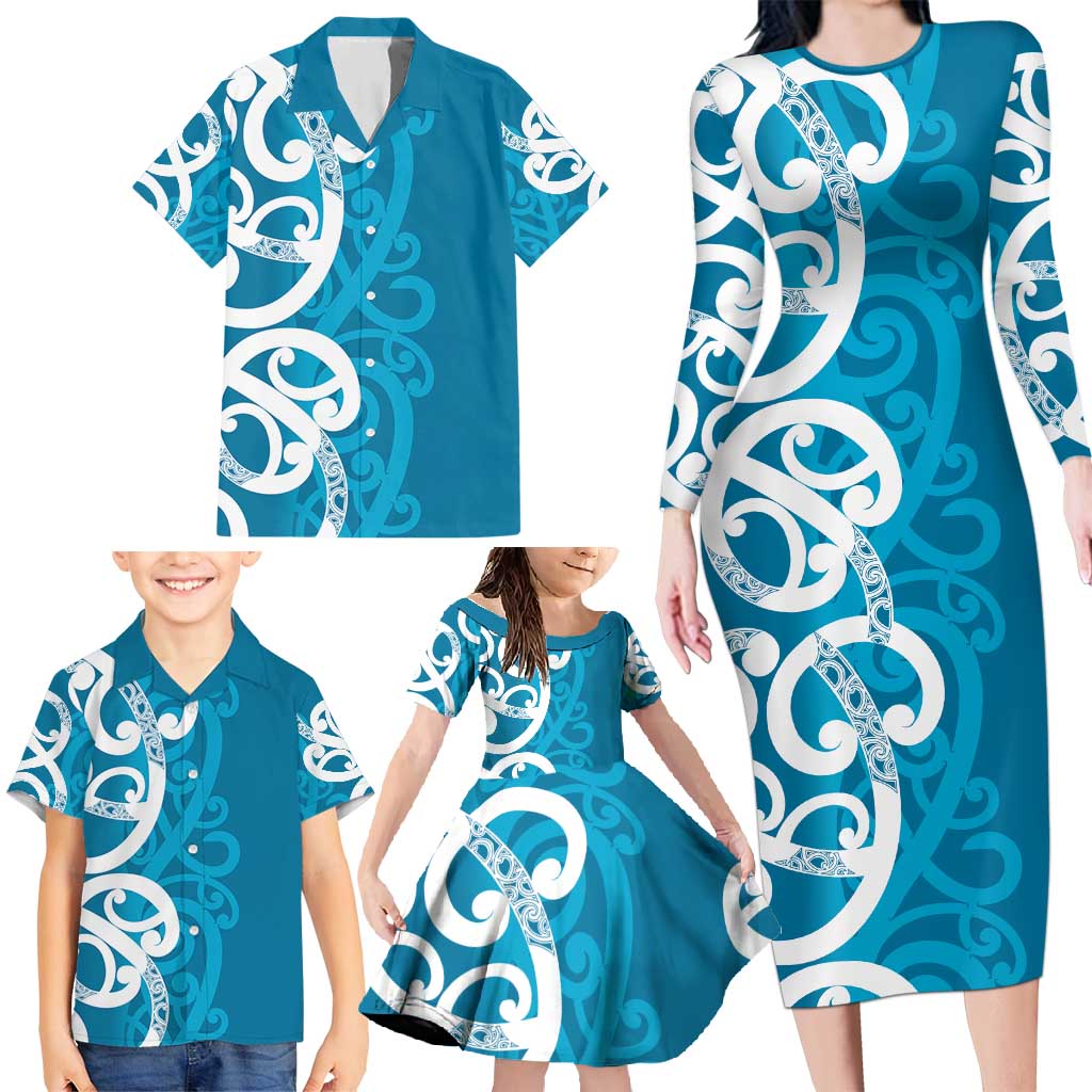 Azure Blue Maori Family Matching Long Sleeve Bodycon Dress and Hawaiian Shirt Koru Kowhaiwhai - Polynesian Pride