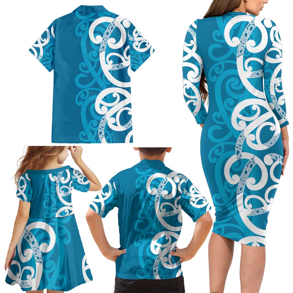 Azure Blue Maori Family Matching Long Sleeve Bodycon Dress and Hawaiian Shirt Koru Kowhaiwhai - Polynesian Pride
