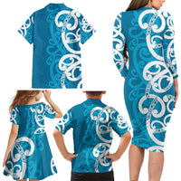 Azure Blue Maori Family Matching Long Sleeve Bodycon Dress and Hawaiian Shirt Koru Kowhaiwhai - Polynesian Pride