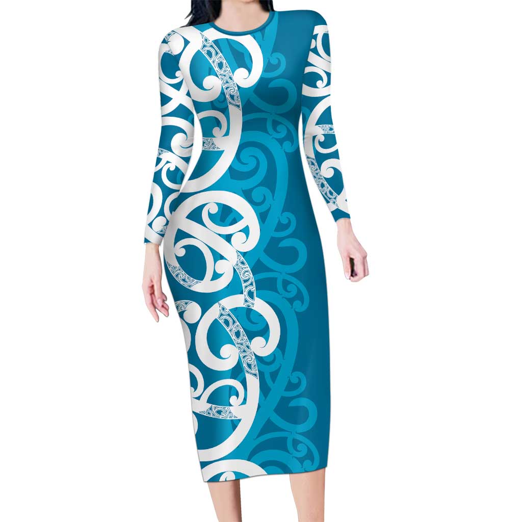 Azure Blue Maori Family Matching Long Sleeve Bodycon Dress and Hawaiian Shirt Koru Kowhaiwhai - Polynesian Pride
