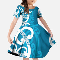 Azure Blue Maori Family Matching Off The Shoulder Long Sleeve Dress and Hawaiian Shirt Koru Kowhaiwhai - Polynesian Pride
