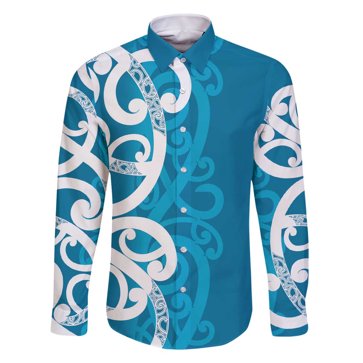 Azure Blue Maori Family Matching Off The Shoulder Long Sleeve Dress and Hawaiian Shirt Koru Kowhaiwhai - Polynesian Pride