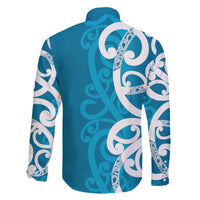 Azure Blue Maori Family Matching Off The Shoulder Long Sleeve Dress and Hawaiian Shirt Koru Kowhaiwhai - Polynesian Pride