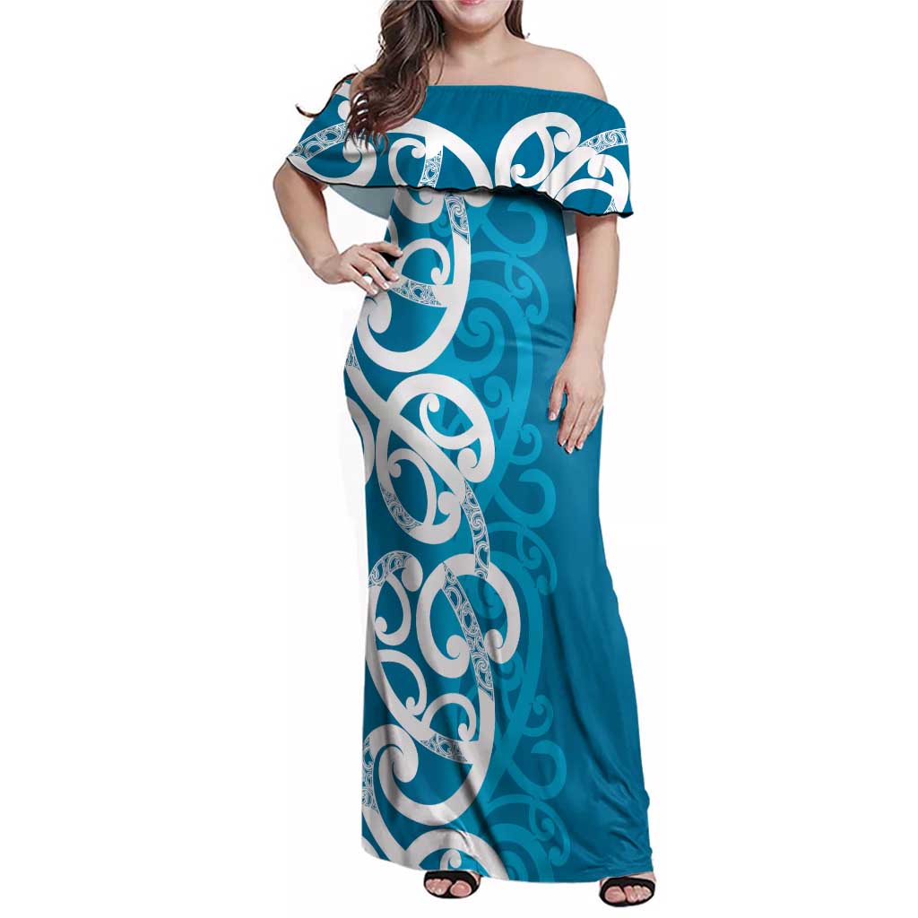 Azure Blue Maori Family Matching Off Shoulder Maxi Dress and Hawaiian Shirt Koru Kowhaiwhai - Polynesian Pride