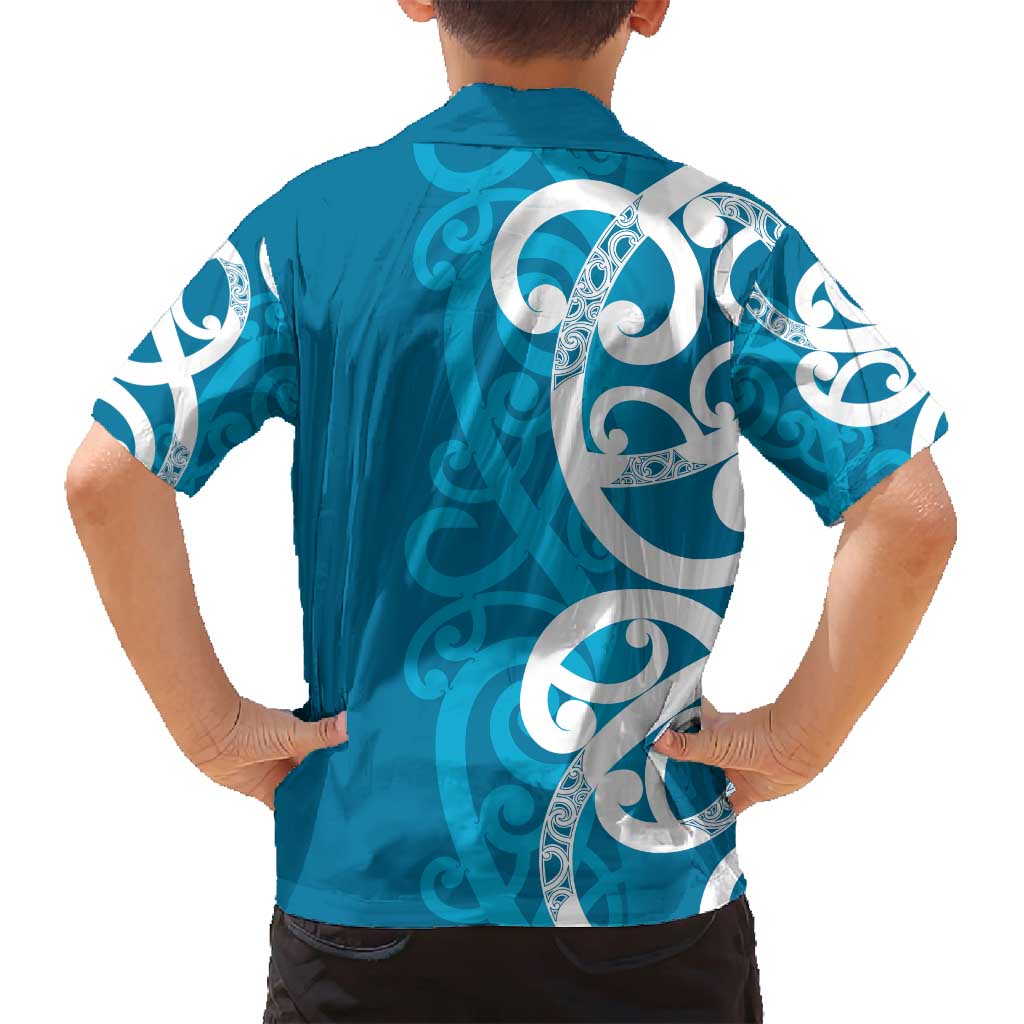 Azure Blue Maori Family Matching Off Shoulder Short Dress and Hawaiian Shirt Koru Kowhaiwhai - Polynesian Pride