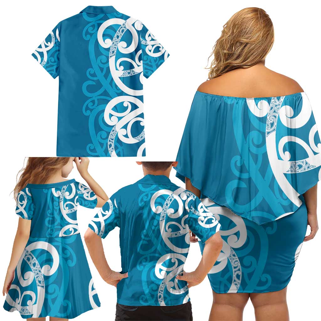 Azure Blue Maori Family Matching Off Shoulder Short Dress and Hawaiian Shirt Koru Kowhaiwhai - Polynesian Pride