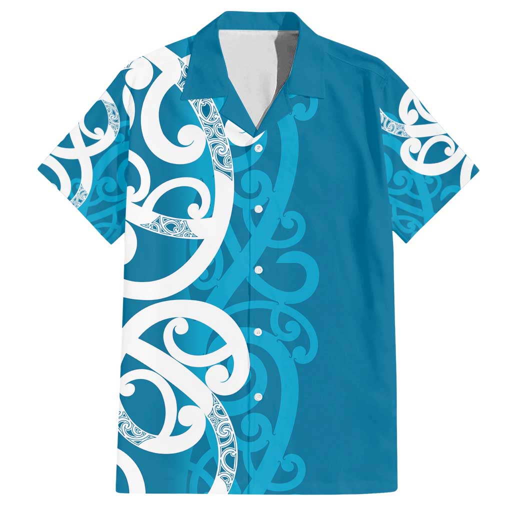 Azure Blue Maori Family Matching Off Shoulder Short Dress and Hawaiian Shirt Koru Kowhaiwhai - Polynesian Pride