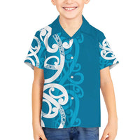 Azure Blue Maori Family Matching Off Shoulder Short Dress and Hawaiian Shirt Koru Kowhaiwhai - Polynesian Pride