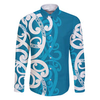 Azure Blue Maori Family Matching Puletasi and Hawaiian Shirt Koru Kowhaiwhai LT7 Dad's Shirt - Long Sleeve Blue - Polynesian Pride