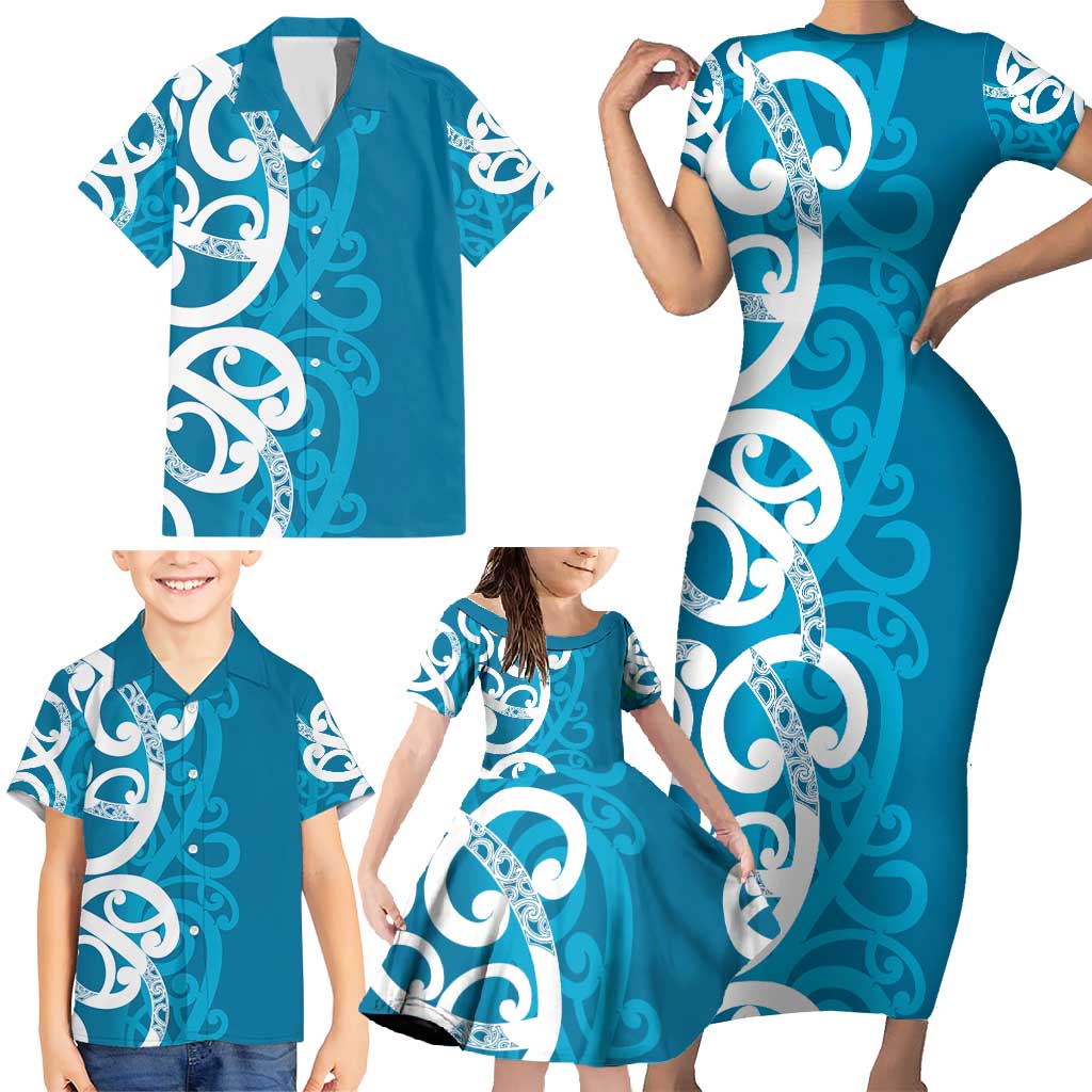 Azure Blue Maori Family Matching Short Sleeve Bodycon Dress and Hawaiian Shirt Koru Kowhaiwhai - Polynesian Pride