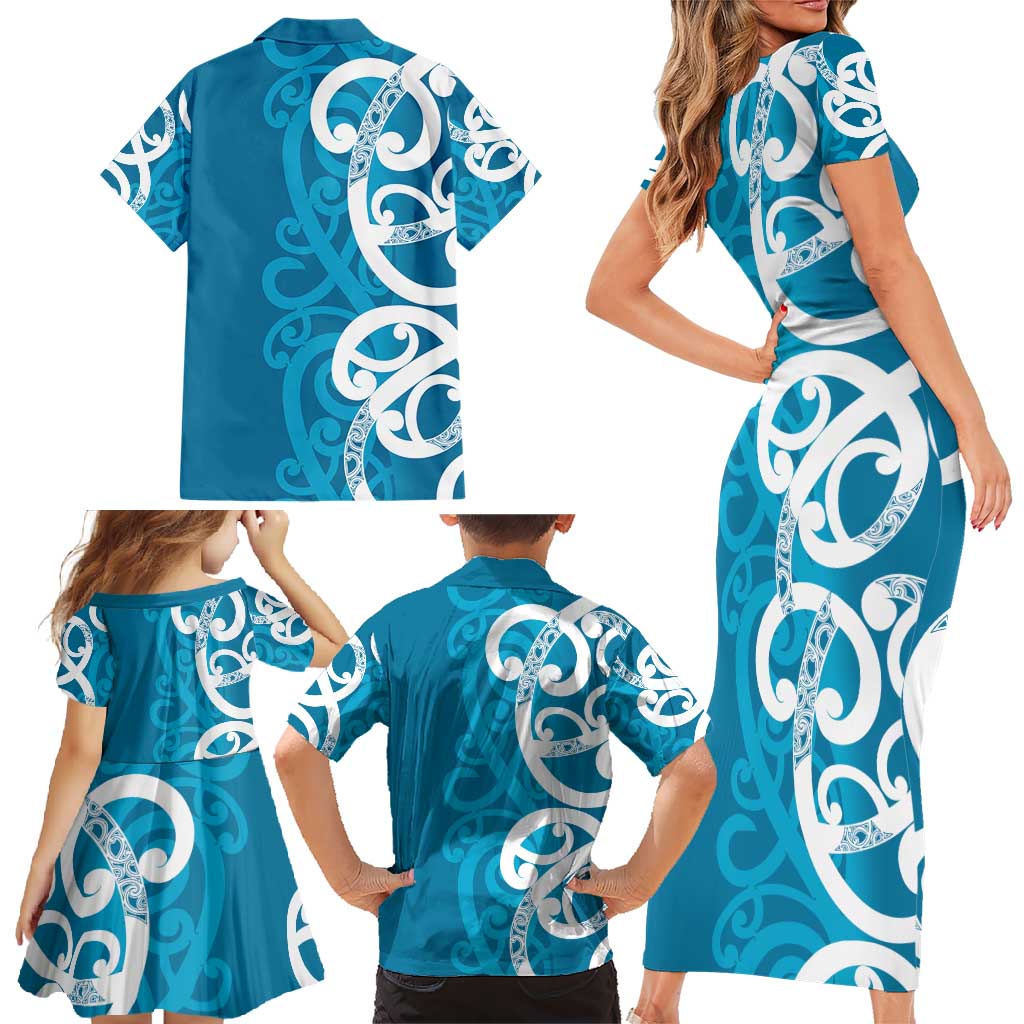 Azure Blue Maori Family Matching Short Sleeve Bodycon Dress and Hawaiian Shirt Koru Kowhaiwhai - Polynesian Pride