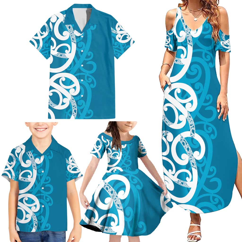 Azure Blue Maori Family Matching Summer Maxi Dress and Hawaiian Shirt Koru Kowhaiwhai - Polynesian Pride