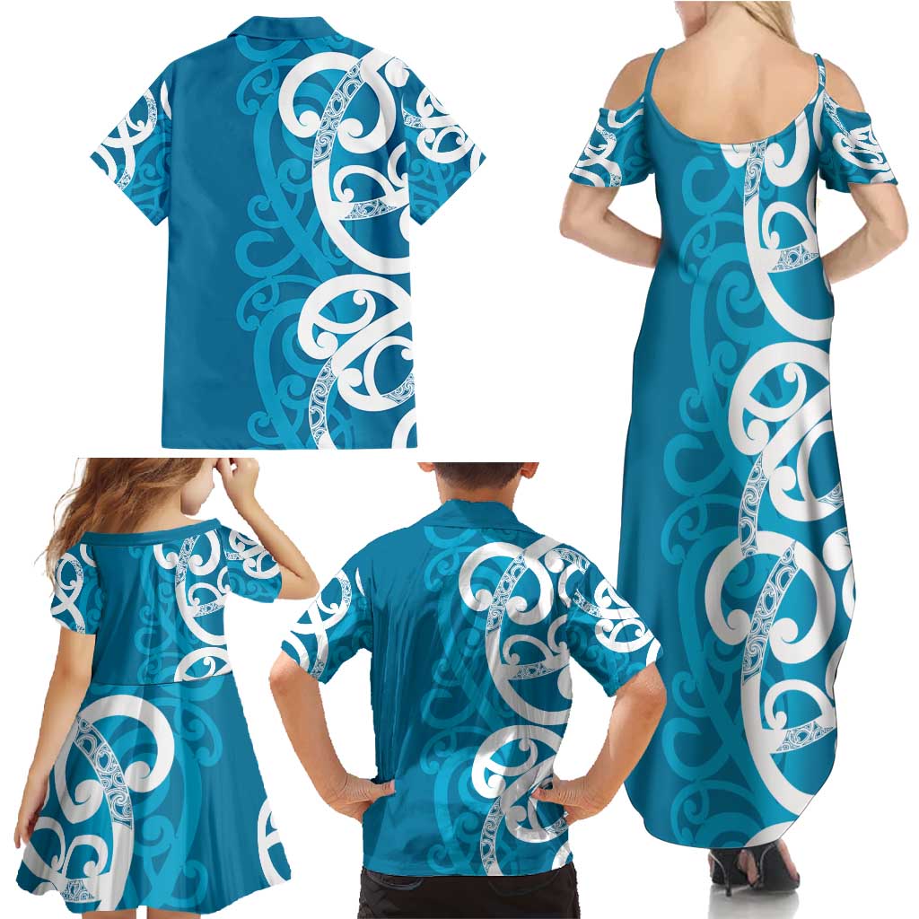 Azure Blue Maori Family Matching Summer Maxi Dress and Hawaiian Shirt Koru Kowhaiwhai - Polynesian Pride