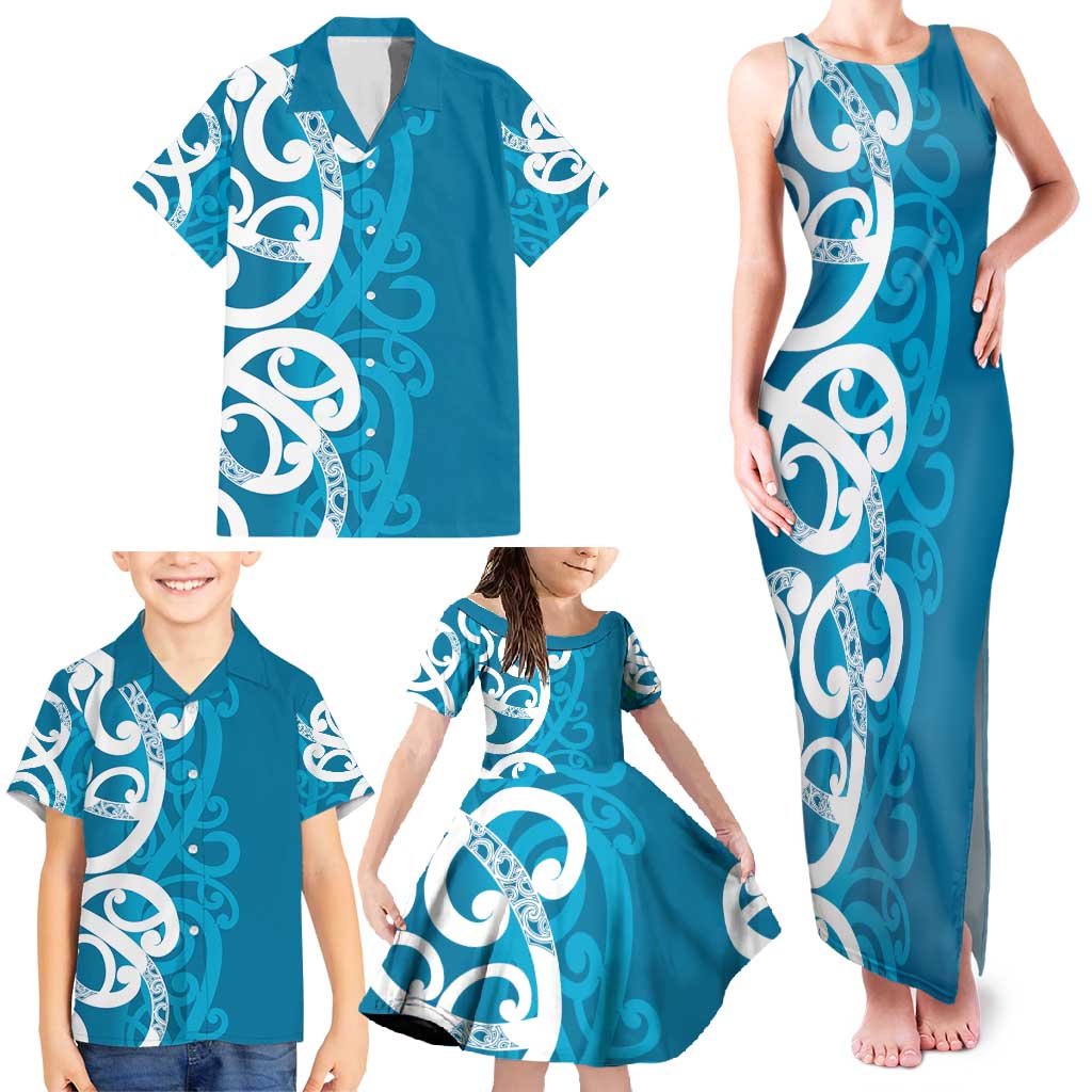Azure Blue Maori Family Matching Tank Maxi Dress and Hawaiian Shirt Koru Kowhaiwhai - Polynesian Pride
