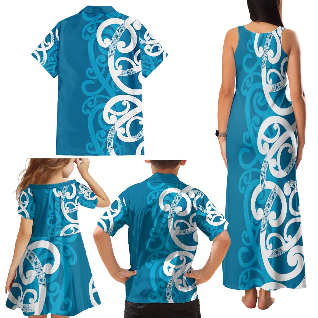 Azure Blue Maori Family Matching Tank Maxi Dress and Hawaiian Shirt Koru Kowhaiwhai - Polynesian Pride