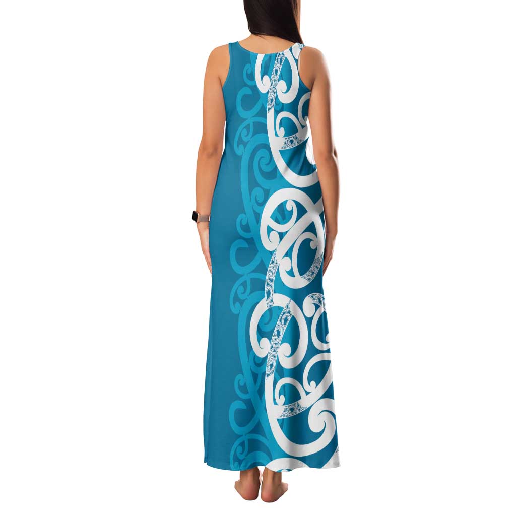 Azure Blue Maori Family Matching Tank Maxi Dress and Hawaiian Shirt Koru Kowhaiwhai - Polynesian Pride