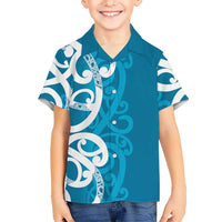 Azure Blue Maori Kid Hawaiian Shirt Koru Kowhaiwhai LT7 Kid Blue - Polynesian Pride