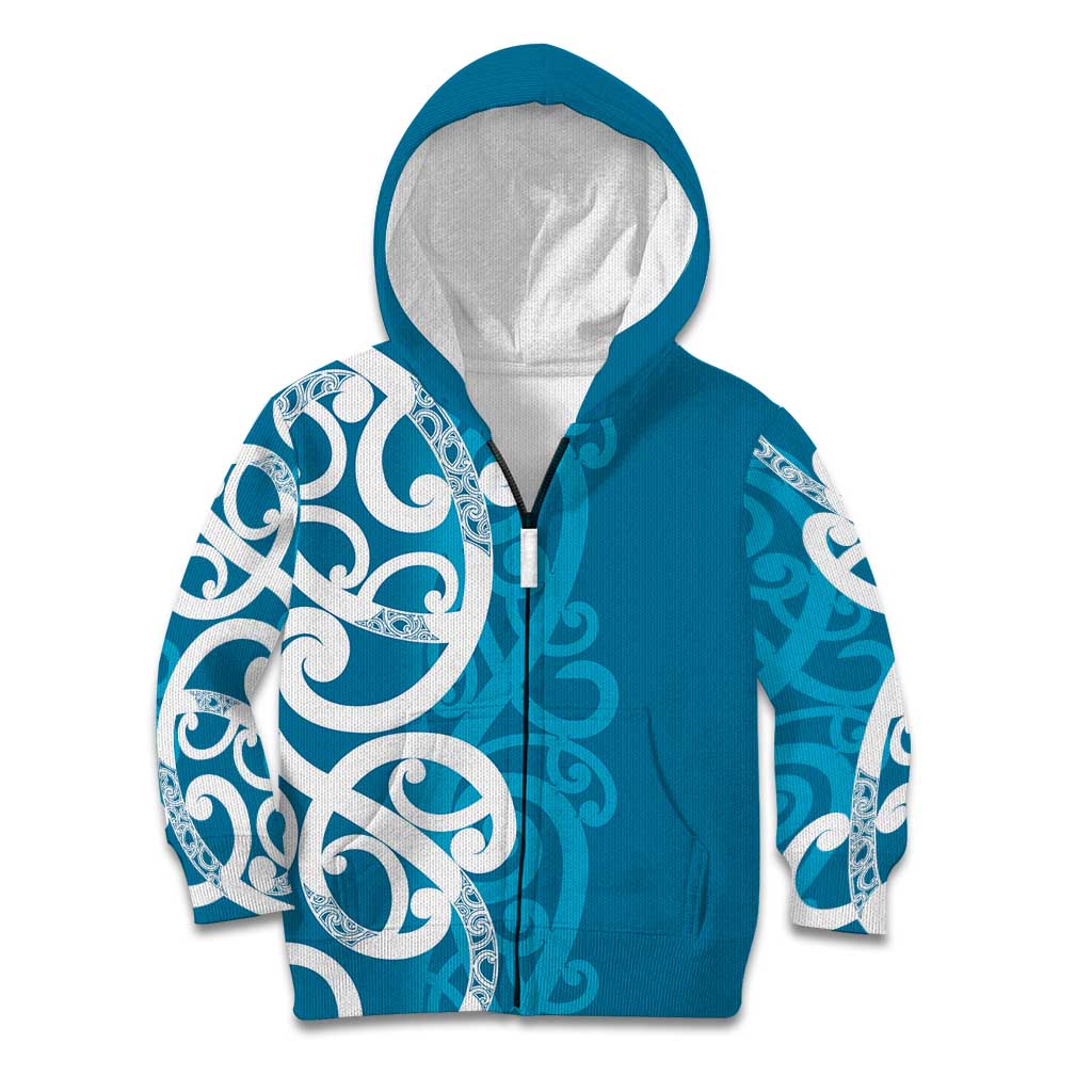 Azure Blue Maori Kid Hoodie Koru Kowhaiwhai LT7 Zip Hoodie Blue - Polynesian Pride