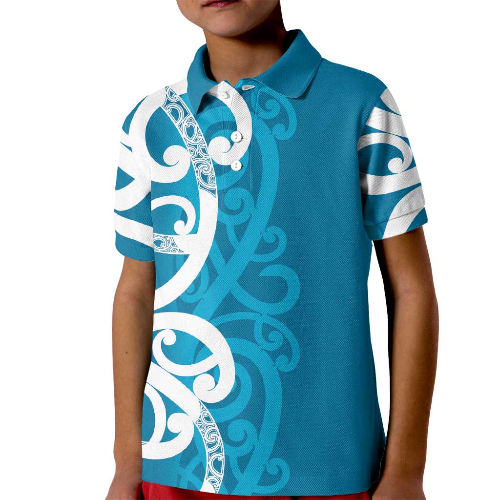 Azure Blue Maori Kid Polo Shirt Koru Kowhaiwhai LT7 Kid Blue - Polynesian Pride
