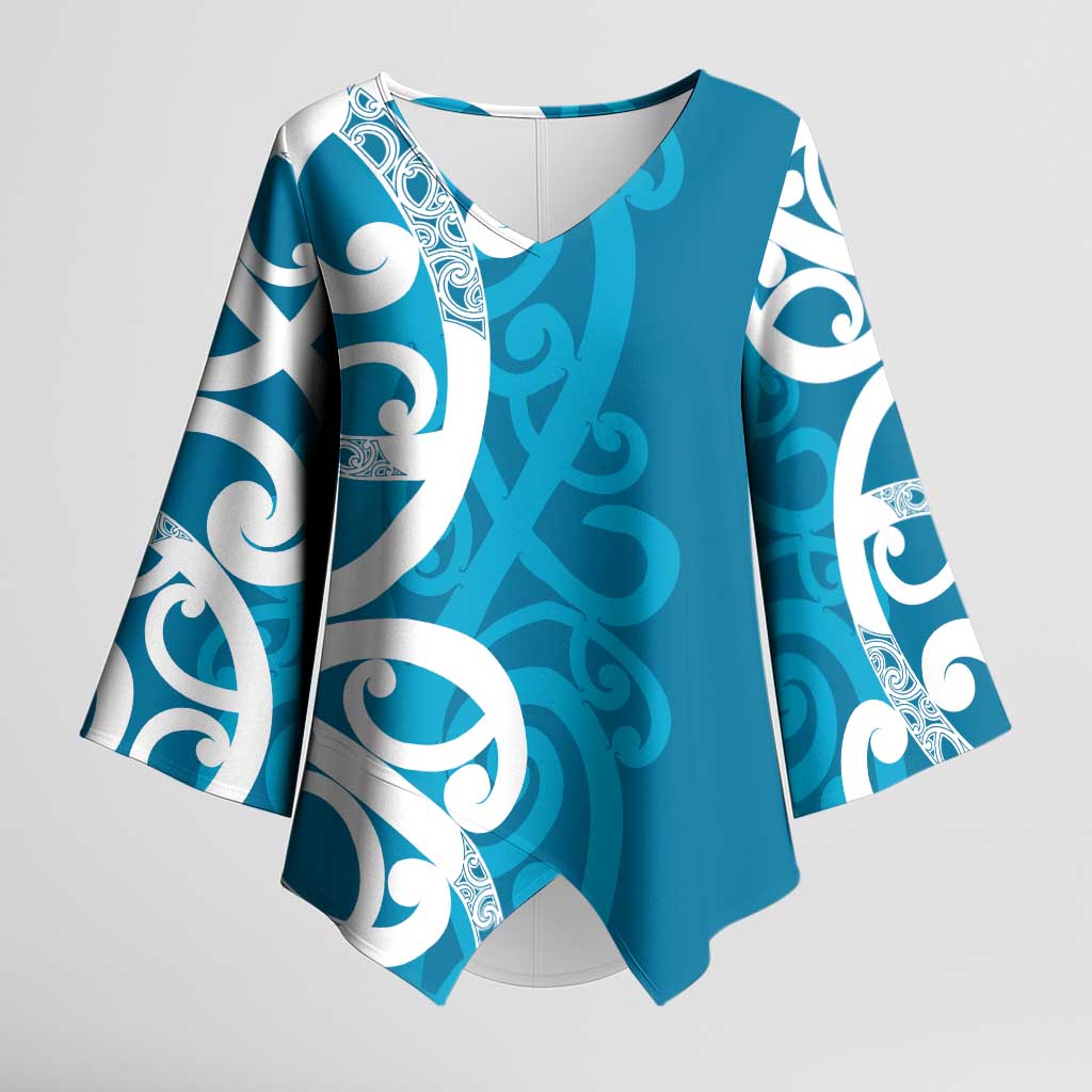 Azure Blue Maori Kimono Sleeve Blouse Koru Kowhaiwhai LT7 Female Blue - Polynesian Pride