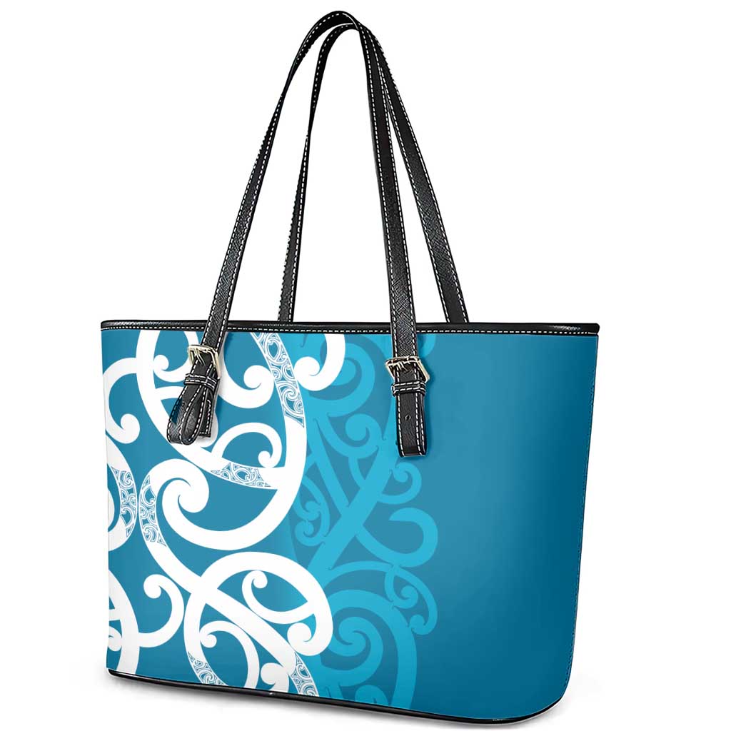 Azure Blue Maori Leather Tote Bag Koru Kowhaiwhai - Polynesian Pride