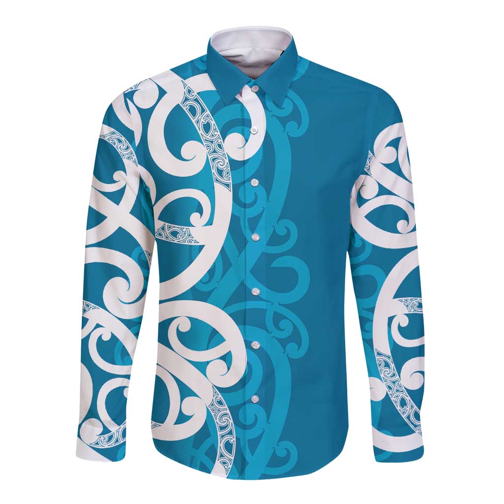Azure Blue Maori Long Sleeve Button Shirt Koru Kowhaiwhai LT7 Unisex Blue - Polynesian Pride