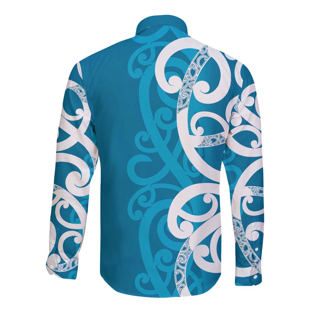 Azure Blue Maori Long Sleeve Button Shirt Koru Kowhaiwhai LT7 - Polynesian Pride