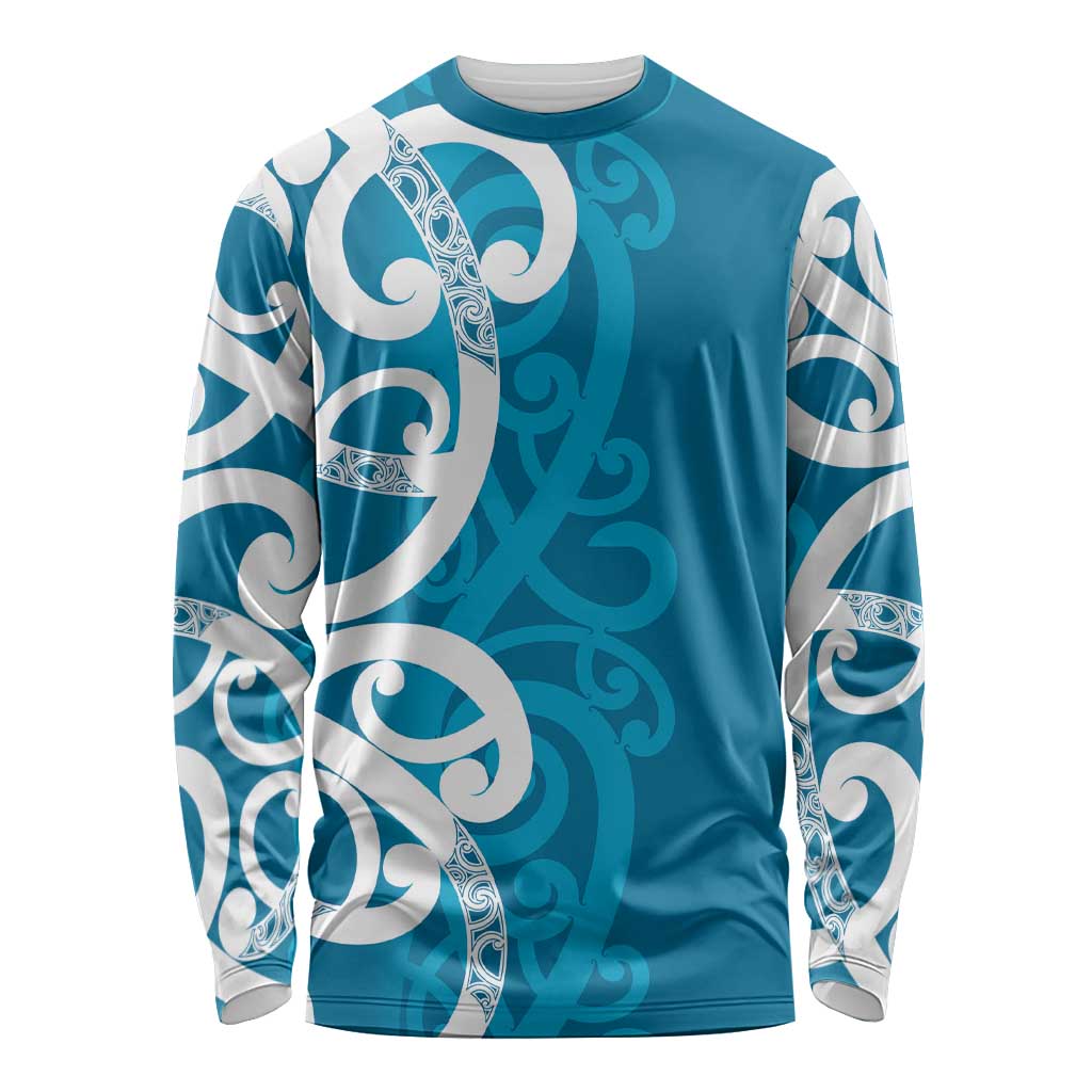 Azure Blue Maori Long Sleeve Shirt Koru Kowhaiwhai - Polynesian Pride