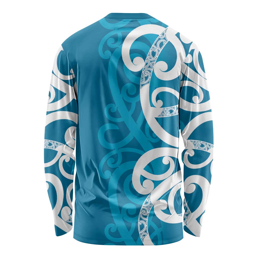 Azure Blue Maori Long Sleeve Shirt Koru Kowhaiwhai - Polynesian Pride