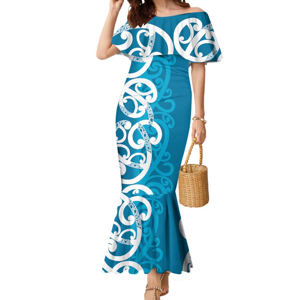 Azure Blue Maori Mermaid Dress Koru Kowhaiwhai LT7 Women Blue - Polynesian Pride
