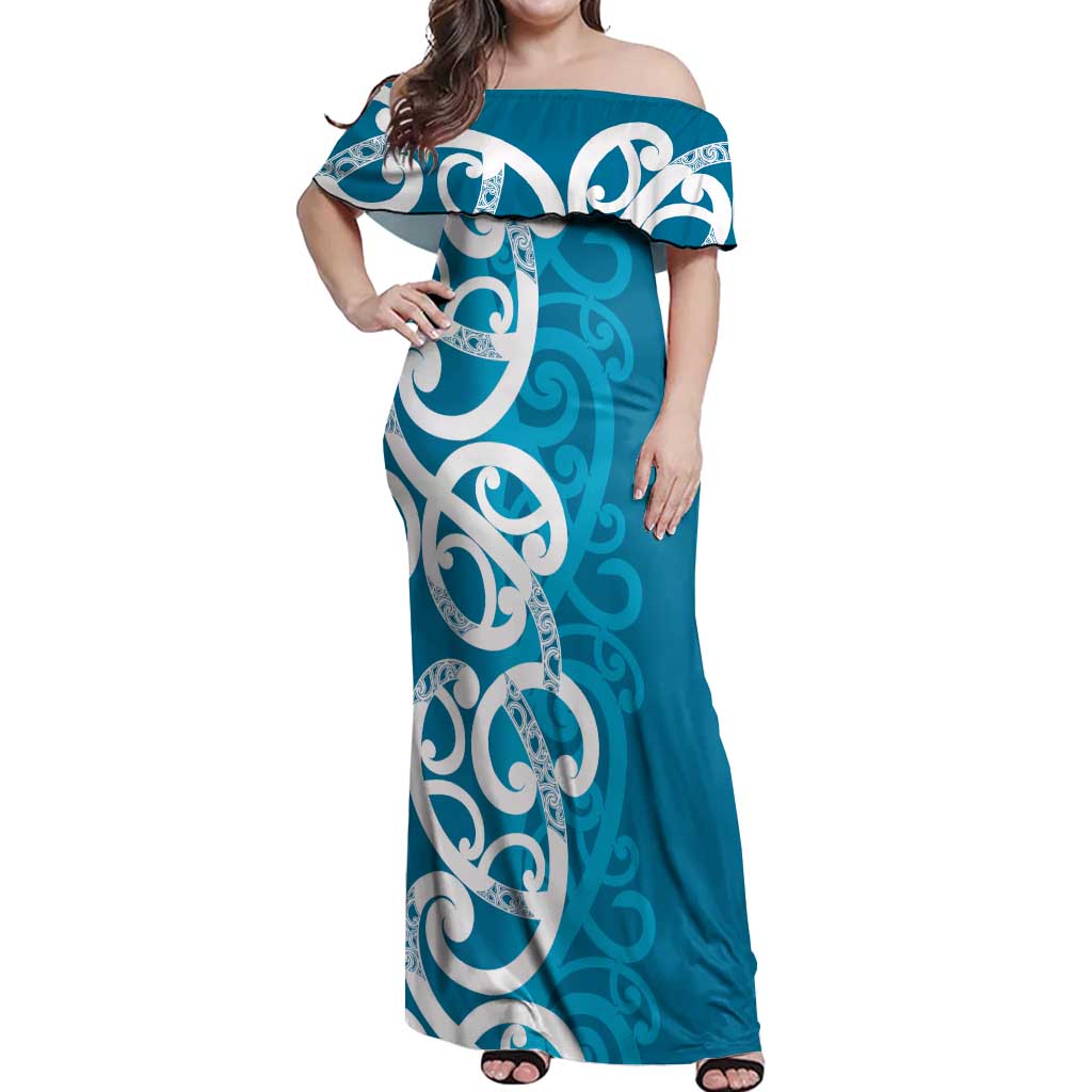 Azure Blue Maori Off Shoulder Maxi Dress Koru Kowhaiwhai LT7 Women Blue - Polynesian Pride