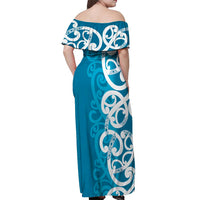 Azure Blue Maori Off Shoulder Maxi Dress Koru Kowhaiwhai LT7 - Polynesian Pride