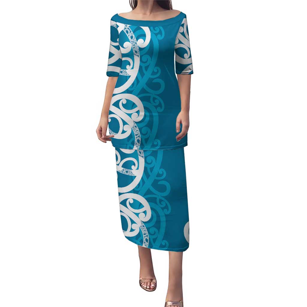 Azure Blue Maori Puletasi Koru Kowhaiwhai LT7 Long Dress Blue - Polynesian Pride