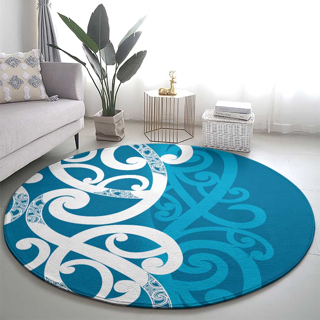 Azure Blue Maori Round Carpet Koru Kowhaiwhai LT7 - Polynesian Pride