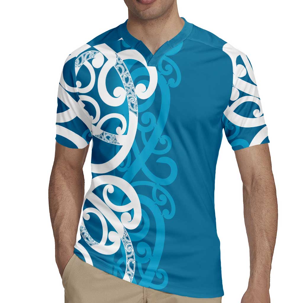 Azure Blue Maori Rugby Jersey Koru Kowhaiwhai LT7 - Polynesian Pride
