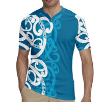 Azure Blue Maori Rugby Jersey Koru Kowhaiwhai LT7 - Polynesian Pride