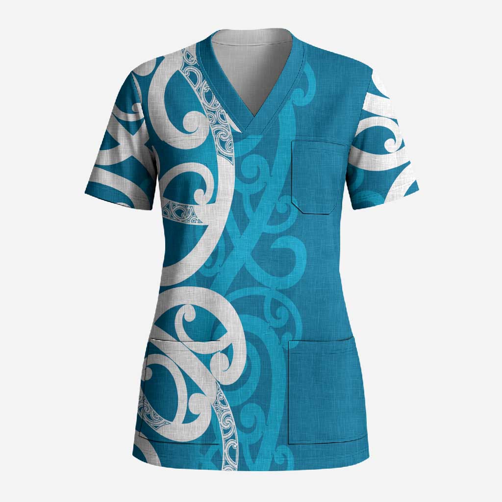 Azure Blue Maori Scrub Top Koru Kowhaiwhai LT7 Adult Blue - Polynesian Pride