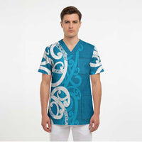 Azure Blue Maori Scrub Top Koru Kowhaiwhai LT7 - Polynesian Pride