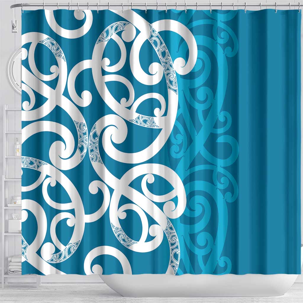 Azure Blue Maori Shower Curtain Koru Kowhaiwhai LT7 - Polynesian Pride