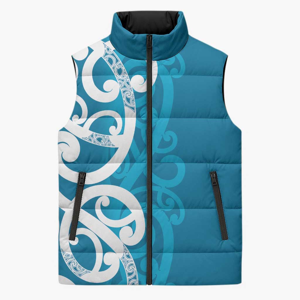 Azure Blue Maori Sleeveless Puffer Jacket Koru Kowhaiwhai - Polynesian Pride