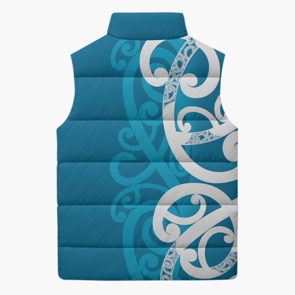 Azure Blue Maori Sleeveless Puffer Jacket Koru Kowhaiwhai LT7 - Polynesian Pride
