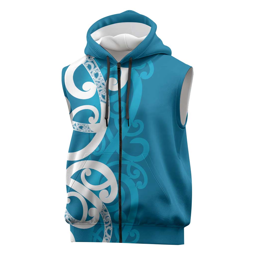 Azure Blue Maori Sleeveless Zip Hoodie Koru Kowhaiwhai LT7 Blue - Polynesian Pride