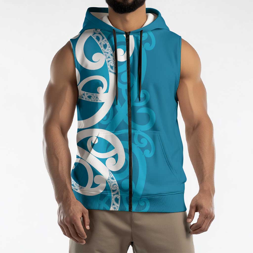 Azure Blue Maori Sleeveless Zip Hoodie Koru Kowhaiwhai LT7 - Polynesian Pride