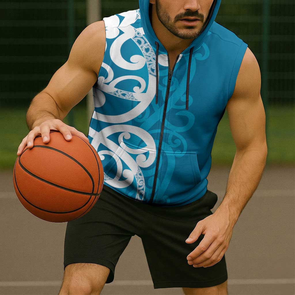 Azure Blue Maori Sleeveless Zip Hoodie Koru Kowhaiwhai LT7 - Polynesian Pride