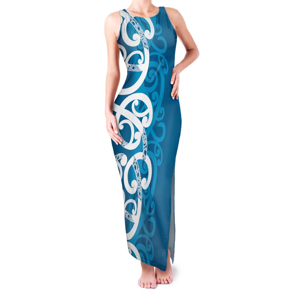 Azure Blue Maori Tank Maxi Dress Koru Kowhaiwhai LT7 Women Blue - Polynesian Pride