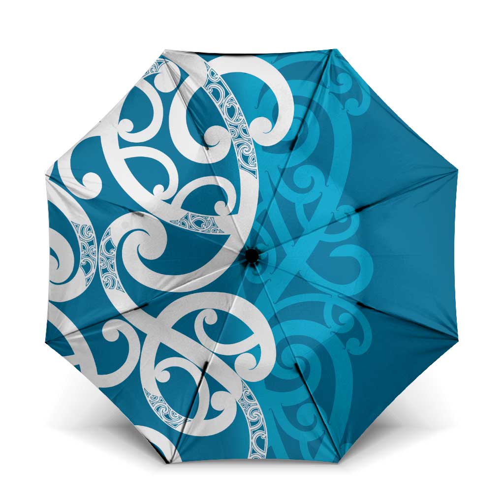 Azure Blue Maori Umbrella Koru Kowhaiwhai LT7 One Size Folded 11.42 inch Opened Diameter 37.4 inch Blue - Polynesian Pride