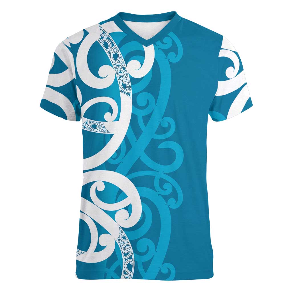Azure Blue Maori Women V-Neck T-Shirt Koru Kowhaiwhai LT7 Female Blue - Polynesian Pride
